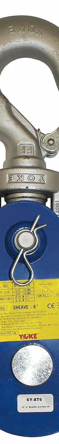 YOKE Pulley Block: Swivel, Pulling, 16,000 lb Working Load Limit, 3/4 in_5/8 in Compatible Rope Dia (MPN 6Y-8T8). Key specifications — attr994542: Snatch Pulley Block; attr994528: YOKE; attr994530: Wire Rope; attr994543: Swivel; attr994552: Swivel Hook; attr994538: Pulling; attr994527: Sleeve; attr994547: Steel.
