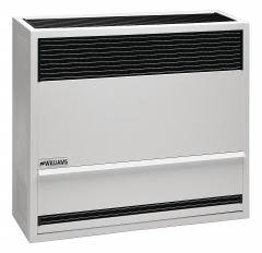 WILLIAMS COMFORT PRODUCTS Surface-Mount Gas Wall Heater: Natural Gas, Gravity Convection, Manual (MPN 2203822). Key specifications — Brand: WILLIAMS COMFORT PRODUCTS; Overall Dimensions - H x W x D: 28 in x 32-1/8 in x 10-1/4 in; Ignition Type/Ignition Power Source: Matchless Piezo/Manual Push Button.
