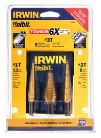 IRWIN Step Drill Bit Set: 3 Pc, 1/8" to 3/4", TiN-Coated HSS, 135° Point (MPN 15502). Key specifications — attr1239053: Not Impact Rated.