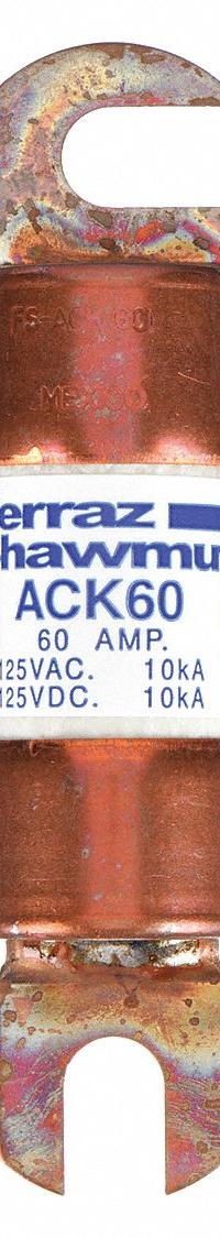 MERSEN Forklift Limiter Fuse: ACK Series, Bolt-On, Gen Purpose, 60 A, 125 V DC, Non-Indicating (MPN ACK60). Key specifications — Brand: MERSEN; Series: ACK.