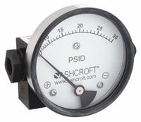 ASHCROFT Differential Pressure Gauge: In-Line, 1/4 in NPT Female, 1130, 3 1/2 in Dial, Aluminum (MPN 351130FD25SXCYLM30PSID). Key specifications — Sensor Type: Diaphragm; Series: 1130; Housing Material: Aluminum; Certificate of Calibration: Not Included.