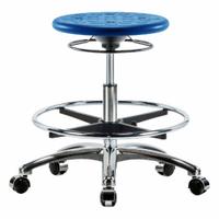 Stool: Polyurethane, Ht Range 19 1/4 in to 27 in, 13 in Seat Wd, 13 in Seat Dp, 0 Glides, 5 Casters (MPN IPMBSO-CR-CF-CC-BLU). Key specifications — Brand: APPROVED VENDOR; Foot Support: Yes; Base Material: Aluminum; ESD-Safe: Not ESD Safe; Number of Casters: 5.