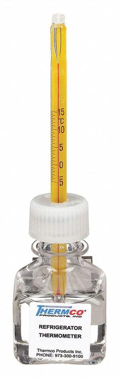 THERMCO Bottle Thermometer: -5°C to 15°C, +/-1°C, 30 mL Bottle Volume, Glycol (MPN ACCR0201S). Key specifications — Bottle Fill Medium: Glycol; Temperature Units: Celsius; Accuracy: +/-1°C; Brand: THERMCO.