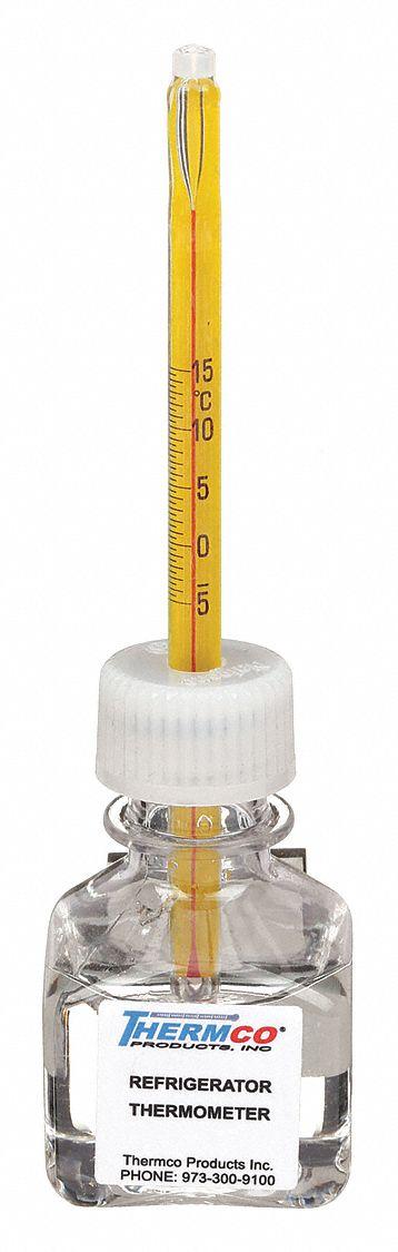 THERMCO Bottle Thermometer: -5°C to 15°C, +/-1°C, 30 mL Bottle Volume, Glycol - Analog Bottle Thermometers for Blood Bank, Vaccine & Critical Refrigeration Environments