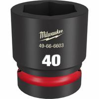 MILWAUKEE Standard Impact Socket: 1 in Drive Size, Metric, 40 mm Socket Size, 6-Point, Std, Friction (MPN 49-66-6603). Key specifications — attr1215501: MILWAUKEE; attr1215515: Black Phosphate; attr1215518: 40 mm.