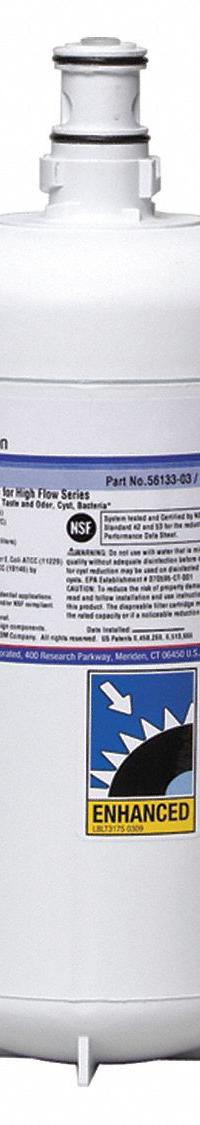 3M Quick-Connect Water Filter: 0.2 micron, 2.5 gpm, 25,000 gal, 14 5/8 in Overall Ht (MPN 5613303). Key specifications — Filter Media: Prefilter Wrap; Reduces: Chlorine Odor; Brand: 3M.