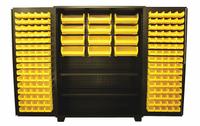 JAMCO Bin Cabinet: 60 in x 24 in 78 in, 2 Shelves, 172 Bins, Yellow, Flush, 14 ga Panel, Black (MPN DN260BL). Key specifications — Bin Color: Yellow; Bin HxWxD: (160) 3 in x 4-1/8 in x 7-1/2 in; Assembled: Assembled; Cabinet Style: Shelf and Bin; Brand: JAMCO; Cabinet Color: Black; Cabinet Finish: Powder Coated; Cabinet Material: Steel.