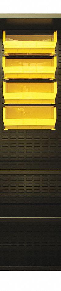 JAMCO Bin Cabinet: 60 in x 24 in 78 in, 2 Shelves, 172 Bins, Yellow, Flush, 14 ga Panel, Black (MPN DN260BL). Key specifications — Bin Color: Yellow; Bin HxWxD: (160) 3 in x 4-1/8 in x 7-1/2 in; Assembled: Assembled; Cabinet Style: Shelf and Bin; Brand: JAMCO; Cabinet Color: Black; Cabinet Finish: Powder Coated; Cabinet Material: Steel.
