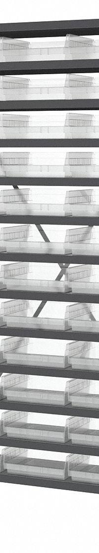 AKRO-MILS Bin Shelving: 36 in x 12 in x 79 in, 1 Sided, 36 Bins, Open, Shelf Bin, Clear, 13 Shelves (MPN AS1279170SC). Key specifications — Includes Bins: Yes; Bin Material: Polymer; Frame Color: Gray; Bin HxWxD: (36) 4 in x 11-1/8 in x 11-5/8 in; Frame Material: Steel; Bin Color: Clear; Bin Style: Shelf; Brand: AKRO-MILS.