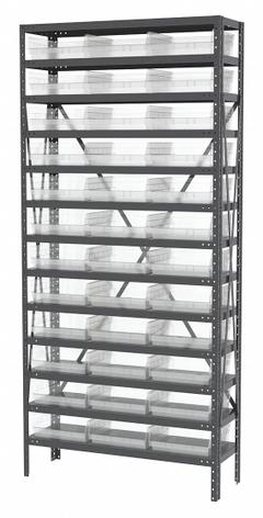 AKRO-MILS Bin Shelving: 36 in x 12 in x 79 in, 1 Sided, 36 Bins, Open, Shelf Bin, Clear, 13 Shelves (MPN AS1279170SC). Key specifications — Includes Bins: Yes; Bin Material: Polymer; Frame Color: Gray; Bin HxWxD: (36) 4 in x 11-1/8 in x 11-5/8 in; Frame Material: Steel; Bin Color: Clear; Bin Style: Shelf; Brand: AKRO-MILS.