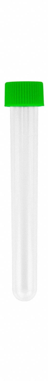 APPROVED VENDOR Test Tube: Test Tube, Polystyrene, 8 mL Capacity - mL, 0.28 oz Capacity - oz, Round (MPN 2142068G50E1). Key specifications — Brand: APPROVED VENDOR; Graduated: No; Closure Color: Green; Includes: Tubes with Caps; Includes Closure: Yes; Body Color: Natural; Bottom Shape: Round; Body Material: Polystyrene.