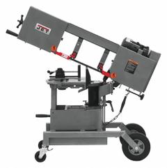 JET Band Saw: Combo Horizontal/Vertical, 115V AC, 8 in x 5 1/2 in, 64 to 247 SFPM, 14.0/7.0 A (MPN HVBS-10 DMW). Key specifications — attr312986: 64 to 247 SFPM; attr312987: 45° Left to 45° Right; attr312985: 8 in x 5-1/2 in; attr312990: Combination Horizontal/Vertical; attr312988: 14.0/7.0 A; attr312989: 1; attr325083: JET.