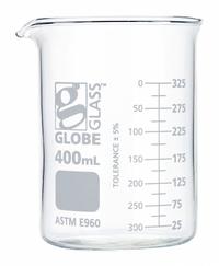 GLOBE SCIENTIFIC Beaker: 400 mL, 13.52 fl oz, A, Low Form, Type I, White, Borosilicate Glass (MPN 8010400). Key specifications — attr1371034: Type I; attr1371051: GLOBE SCIENTIFIC; attr1371062: White.