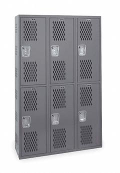 HALLOWELL Wardrobe Locker: 36 in x 12 in x 72 in, Ventilated, 2 Tiers, 3 Units Wide, Padlock Hasp (MPN HWBA212-222HG). Key specifications — Brand: HALLOWELL; Locker Color: Dark Gray; Door Type: Ventilated; Locker Material: Steel; Assembled: Assembled; Number Plate Included: Yes.
