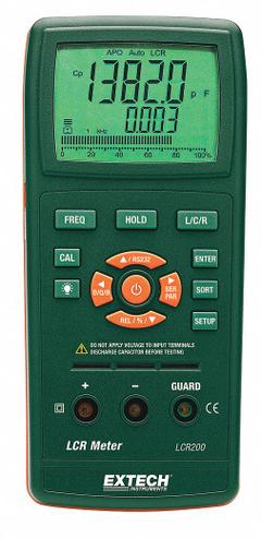 EXTECH LCR Meter: 20 pF to 20 mF, 20 ohm to 200 megaohm, 20 uH to 2,000 H, No Certification Included (MPN LCR200). Key specifications — attr1387597: EXTECH; attr1387618: LCR Meter; attr1387595: LCR200.