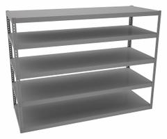 TENNSCO Boltless Shelving: Standalone, Extra-Heavy-Duty, 96 in x 36 in, 72 in Overall Ht, 5 Shelves (MPN RXHS-963672). Key specifications — Finish: Powder Coated; Maximum Post Load Capacity: 13,000 lb with Beam Evenly Spaced at 24 in; Decking Material: Steel; Color: Gray; Beam Profile: Channel; Brand: TENNSCO; Side Panel: Open.
