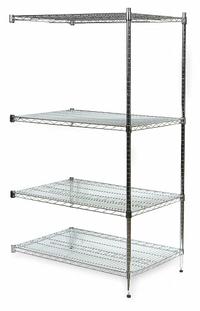 APPROVED VENDOR Wire Shelving Unit: Add-On, 48 in x 24 in, 74 in Overall Ht, 4 Shelves, Split Sleeve (MPN 2HGL2). Key specifications — Recommended Environments: Dry; Color: Silver; Finish: Chrome; Material: Steel; Brand: APPROVED VENDOR.