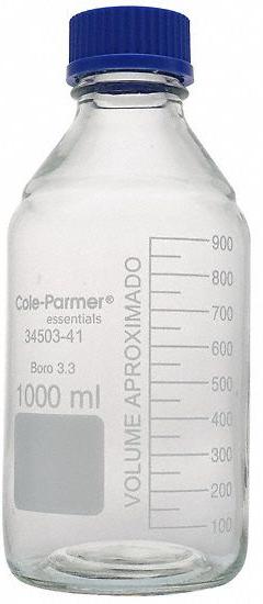 COLE-PARMER Media Bottle: 1 L, Cap, 45 mm, 22.5 cm, Colorless, Closure Included, Wide Mouth Size (MPN 3450341). Key specifications — Closure Type: Cap; Mouth Size: Wide; Screw Closure Size: 45 mm; Brand: COLE-PARMER; Body Color: Colorless.