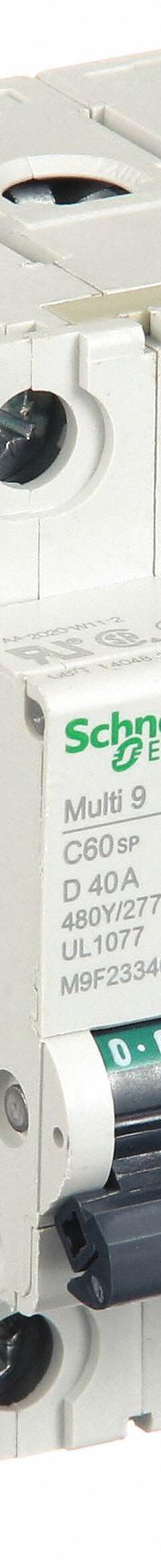 SCHNEIDER IEC Supplementary Protector: 40 A Amps, 10kA at 240V AC, Screw Clamp, C60SP (MPN M9F23340). Key specifications — Terminal Connection: Screw Clamp; Series: C60SP; AC Voltage Rating: 240/415/440V AC; DC Voltage Rating: Not Rated; Max. AIR Rating: 10kA at 240V AC; Brand: SCHNEIDER.