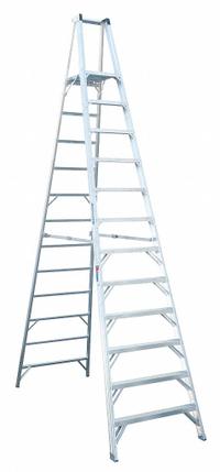 WERNER Platform Stepladder: 12 ft Ladder Size, Aluminum, 300 lb Load Capacity, 66 lb Wt (MPN P412). Key specifications — Brand: WERNER; Included Features: Guard Rail.