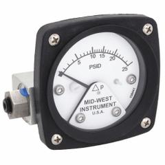 MIDWEST INSTRUMENT Differential Pressure Gauge: Back, 1/4 in NPT Female, ±3-2-3% Gauge Accuracy, 120 (MPN 120-AA-00-OO-25P). Key specifications — Sensor Type: Piston; Series: 120; Housing Material: Aluminum; Certificate of Calibration: Not Included; Gauge Accuracy: ±3-2-3%.