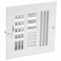 Sidewall/Ceiling Register: Ceiling/Wall, 7 3/4 in H, 7 3/4 in W, Louvered, Powder Coated, White (MPN 4MJH1). Key specifications — Adjustable Blades: No; Brand: APPROVED VENDOR; Airflow Directions: Four-Way; Grille Color: White.