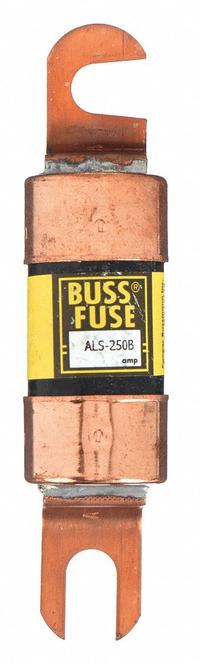 BUSSMANN Forklift Limiter Fuse: ALS Series, Bolt-On, Gen Purpose, 250 A, 48 V DC, Non-Indicating (MPN ALS-250B). Key specifications — Brand: BUSSMANN; Series: ALS.