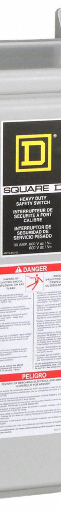 SQUARE D Safety Switch: Non-Fusible, 30 A, Three Phase, 600V AC, Non-Metallic, Indoor/Outdoor (MPN HU361DF). Key specifications — attr867131: SQUARE D.