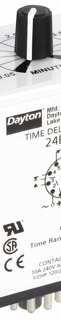 DAYTON Single Function Time Delay Relay: Socket Mounted, 240V AC, 10 A, 11 Pins/Terminals, Off Delay (MPN 24EN96). Key specifications — Brand: DAYTON.