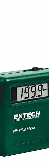 EXTECH Vibration Meter: Vibration, 10 to 1,500 Hz, 199.9 mm/sec Max Velocity Measured, LCD (MPN VB450). Key specifications — Brand: EXTECH; Accuracy: +/-5% of Reading + 1 Digit; Includes: Carrying Case; Digital Display Screen Type: LCD; Frequency Ranges: 10 to 1,500 Hz; Certificate of Calibration: Not Included.