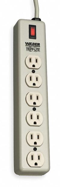 TRIPP LITE Outlet Strip: 6 Outlets, 6 ft Cord Lg, 15 A Current, UL 1363, Beige, 5-15P, 2 1/2 in Wd (MPN 6SPDX). Key specifications — Brand: TRIPP LITE; Mounting Style: Keyhole.