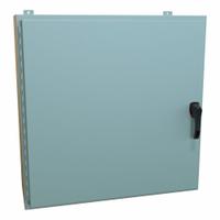 HAMMOND Enclosure: Steel, 36 in x 36 in x 12 in, NEMA 12/13/3R/4, Solid Cover, Hinged (MPN HW363612GYHK). Key specifications — Closure Method: Handle; Brand: HAMMOND; Knockouts: Not Included.