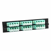 FIBERTRONICS Fiber Optic Adapter Plate: Multi-Mode, OM3, 24 Fiber Ports, LC, UPC, Quad, Aqua, LGX (MPN LGX-LCQX-6A). Key specifications — Brand: FIBERTRONICS; Connector Type: LC; Port Configuration: Quad; Color: Aqua; Contact Type Finish: UPC.