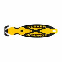 KLEVER Safety Cutter: 6 1/4 in Overall Lg, Oval Handle, Rubberized, Steel, Yellow, Straight (MPN KCJ-XC-Y-PT). Key specifications — attr307620: Yellow; attr307617: Oval; attr307618: Rubberized; attr307619: Steel; attr307627: Includes Tape Splitter; attr307634: Straight; attr324885: KLEVER.