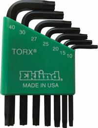 EKLIND Torx Key: Short, 7 Pieces, T10/T15/T20/T25/T27/T30/T40 Tip Size, Std End, Holder, 2 Tips (MPN 10807). Key specifications — attr1205450: EKLIND; attr1205441: Black Finish.