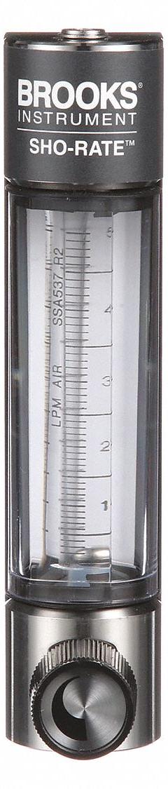 BROOKS Mechanical Flowmeter: Flow Meter, Scale, Variable Area, Panel Mount, Vertical, Liters, FNPT (MPN 1250AD6053ALSVV). Key specifications — Display Type: Scale; O-Ring Material: Viton; Includes Flow Rate Adjustment Knob: Yes; Includes Pressure Guage: No; Mounting Orientation: Vertical; Unit Of Measure: Liters; Brand: BROOKS; Accuracy: +/-5%.