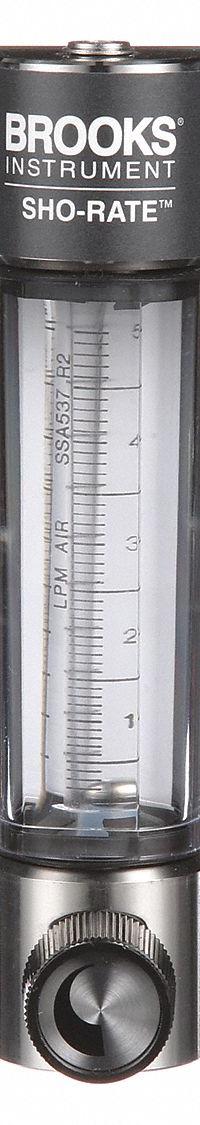 BROOKS Mechanical Flowmeter: Flow Meter, Scale, Variable Area, Panel Mount, Vertical, Liters, FNPT (MPN 1250AD6053ALSVV). Key specifications — Display Type: Scale; O-Ring Material: Viton; Includes Flow Rate Adjustment Knob: Yes; Includes Pressure Guage: No; Mounting Orientation: Vertical; Unit Of Measure: Liters; Brand: BROOKS; Accuracy: +/-5%.