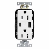 USB Receptacle: Decorator Duplex, 5-15R, USB Type A/C, White, 125V AC, 15 A (MPN M56AC-W). Key specifications — Brand: LEVITON.
