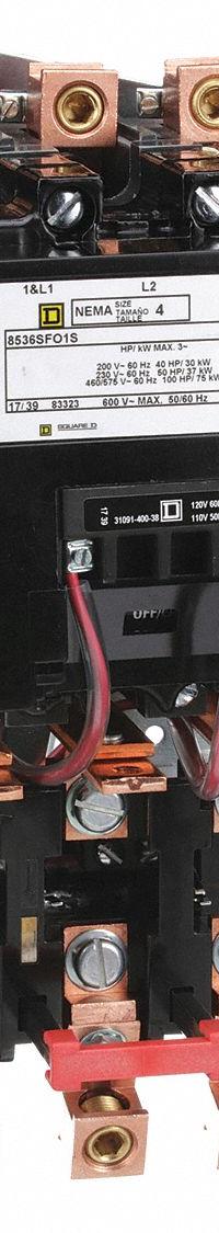 SQUARE D Magnetic Motor Starter: Non-Reversing, 3 Poles, NEMA Size 4, 135 A, 120V AC Coil (MPN 8536SFO1V02S). Key specifications — Brand: SQUARE D; Coil Voltage: 110/120V AC; Phase: Three; Operator: None; Terminal Connection Type: Screw Clamp Terminals; Includes Pilot Light: No; Operator Controls: None; Auxiliary Contacts Included: No Auxiliary Contacts Included.