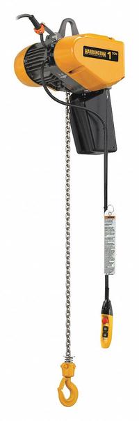 HARRINGTON Electric Chain Hoist: H4 - Heavy Duty, 380-460V AC, Hook Mounted - No Trolley, 2 Speeds (MPN EQ010SD-15). Key specifications — Brand: HARRINGTON; Includes: Pendant; Operating Voltage: 380-460V AC; Headroom Clearance: 28 in - 30 in.