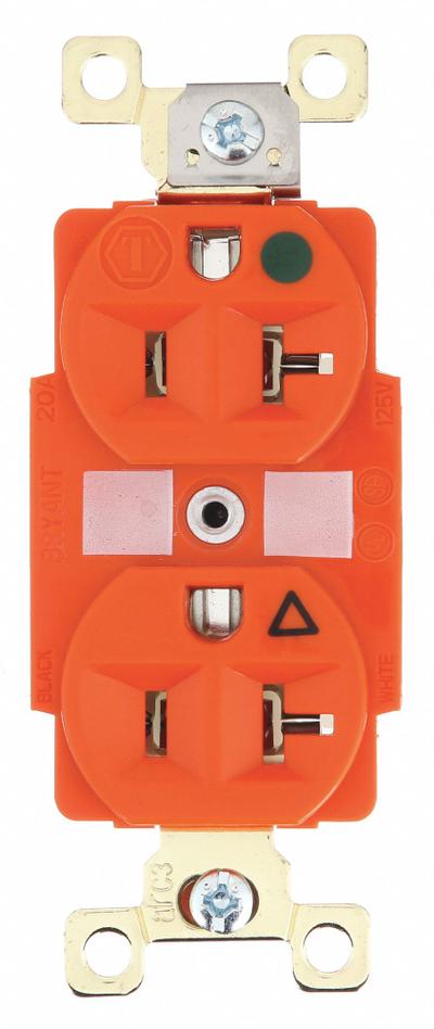BRYANT Receptacle: Hospital Grade Fed. Spec., Duplex, 5-20R, Orange, 125V AC, 20 A - General Purpose Receptacles