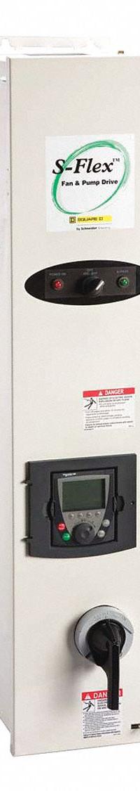 SCHNEIDER Variable Frequency Drive: In Phase Three, Out Phase Three, 100 hp, IP20, With Bypass (MPN SFD212SG4YB07D07). Key specifications — attr1380847: enclosed; attr1380892: Black; attr1412282: Three; attr1380866: Black/Blue/Gray.