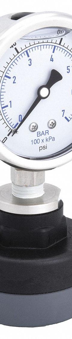 KODIAK Pressure Gauge with Diaphragm Seal: 0 psi to 100 psi, KC301, 2 1/2 in Dial, PTFE, PVC, Bottom (MPN KC301L25100/PLDS-PVC-T12). Key specifications — Brand: KODIAK; Gauge Case Liquid: Glycerin; Seal Fill Liquid: Mineral Oil; Gauge Case Material: 304 Stainless Steel; Seal Lower Housing Material: PVC; Accuracy: ±1.60%; Gauge Wetted Parts: Stainless Steel.