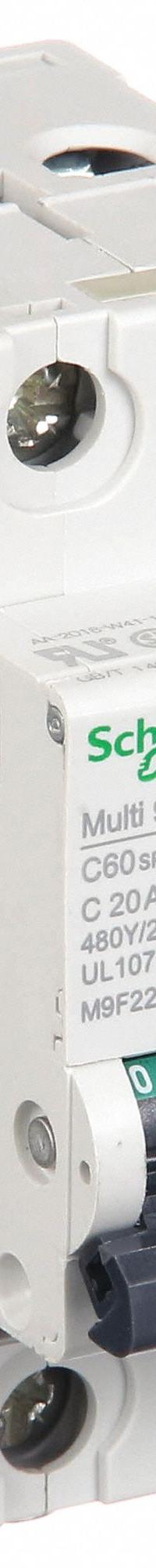 SCHNEIDER IEC Supplementary Protector: 20 A Amps, 14kA at 240V AC, Screw Clamp, C60SP, C (MPN M9F22220). Key specifications — Terminal Connection: Screw Clamp; AC Voltage Rating: 240/415/440V AC; Curve Type: C; DC Voltage Rating: Not Rated; Max. AIR Rating: 14kA at 240V AC; Series: C60SP; Brand: SCHNEIDER.
