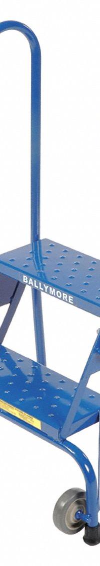 BALLYMORE Rolling Ladder: 1.6 ft Platform Ht, Assembled, No Locking Mechanism, Steel, 16 in x 7 in (MPN LS2247). Key specifications — Brand: BALLYMORE; Color: Blue; Handrail Configuration: Double Handrails.