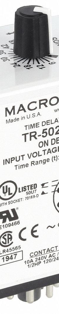MACROMATIC Single Function Time Delay Relay: Socket Mounted, 120V AC/DC, 10 A, 8 Pins/Terminals (MPN TR-50222-08). Key specifications — Brand: MACROMATIC.