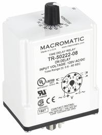 MACROMATIC Single Function Time Delay Relay: Socket Mounted, 120V AC/DC, 10 A, 8 Pins/Terminals (MPN TR-50222-08). Key specifications — Brand: MACROMATIC.