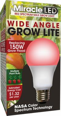 LED Grow Bulb: LED, A19, 120V, Full/Broad/Red, 150 W Incandescent Watt Equivalency (MPN 602144). Key specifications — Plant Growth Application: Flowering; Brand: MIRACLE LED; Bulb Shape: A19; Spectrum: Full/Broad.
