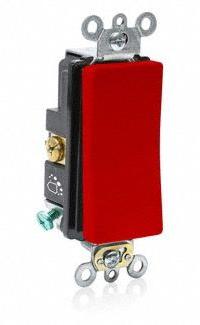 LEVITON Wall Switch: Rocker Switch, Single Pole, Maintained, Red, 120/277V AC, 20 A (MPN A5621-2R). Key specifications — Illuminated: No; Voltage Rating: 120/277V AC.