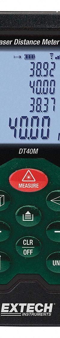 EXTECH Laser Distance Meter: Inch/Metric, 2 in – 131 ft, ± 0.08 in, AAA, Rubber, LCD, Red (MPN DT40M). Key specifications — attr938983: Inches; attr938974: Stake Out Distance; attr934751: EXTECH; attr938968: ± 0.08 in; attr938975: Strap; attr938977: Red.